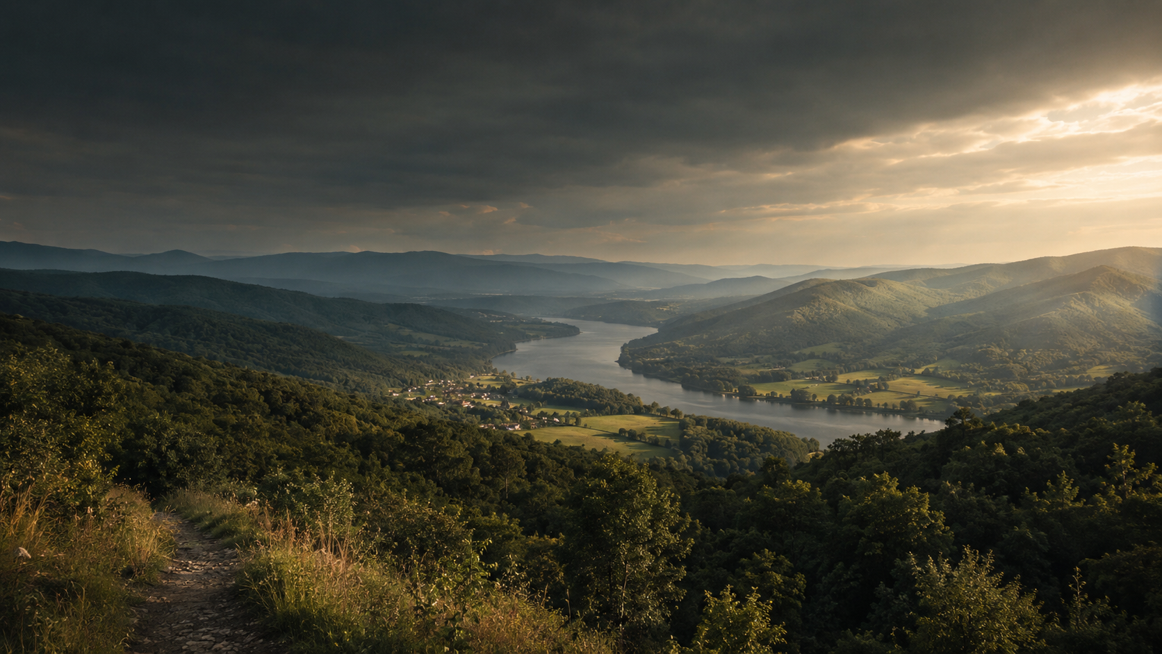 Layered Appalachian ridges, river, pasture, forest, trail and a small valley community